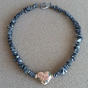 Hematite and clay heart necklace